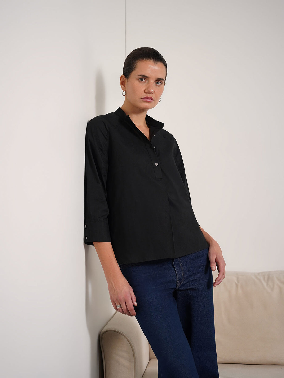 Pure Cotton V-neck Top - Black
