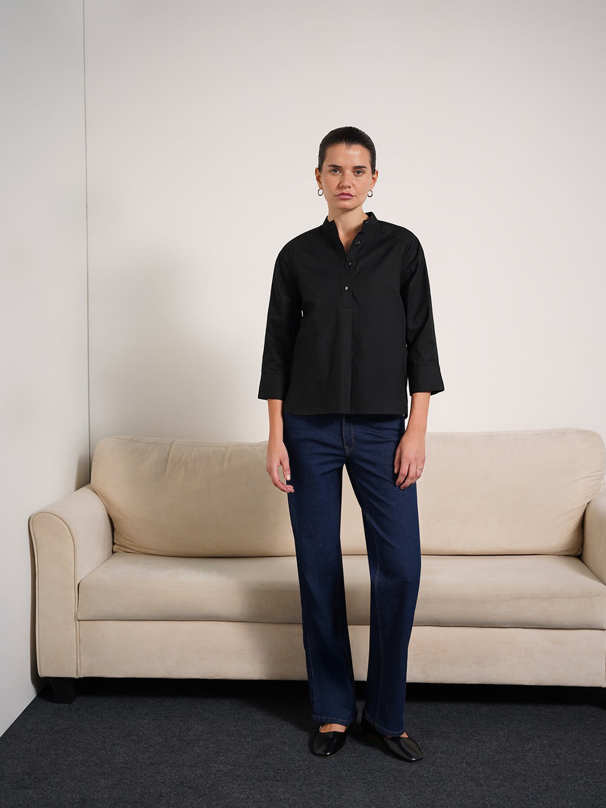Pure Cotton V-neck Top - Black