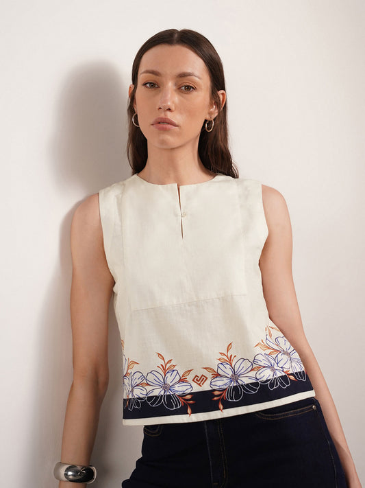 Pure Cotton Floral Crop Top - Off White