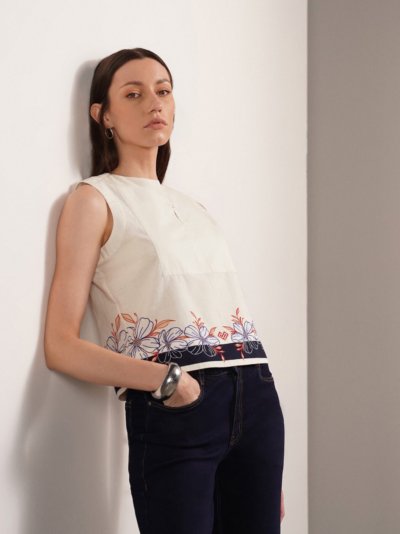 Pure Cotton Floral Crop Top - Off White