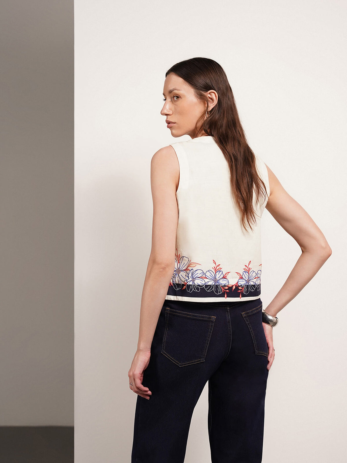Pure Cotton Floral Crop Top - Off White