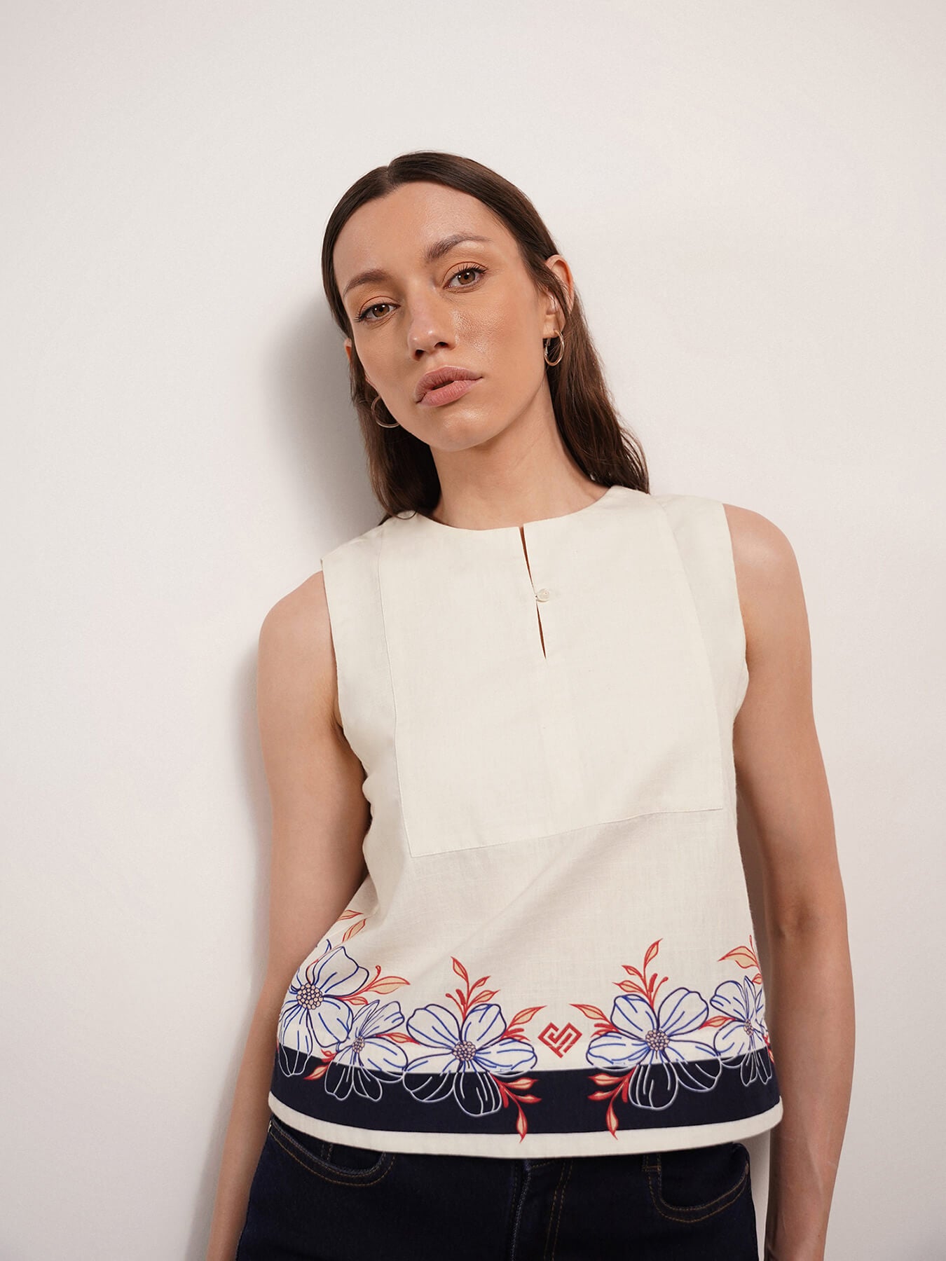 Pure Cotton Floral Crop Top - Off White
