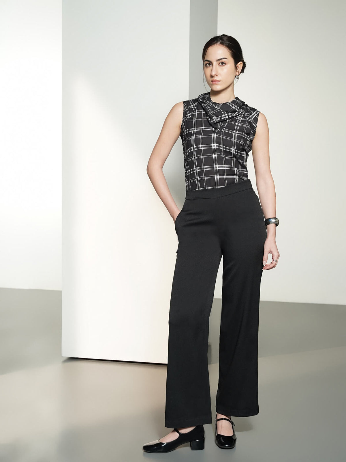 Plaid Cowl Neck Top - Black