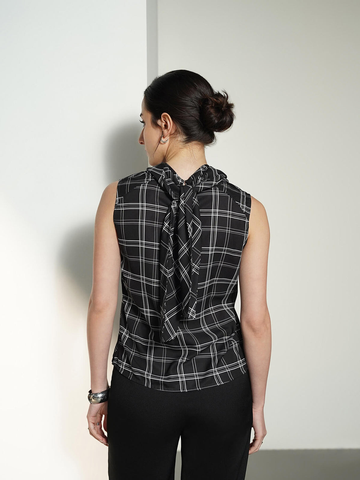 Plaid Cowl Neck Top - Black