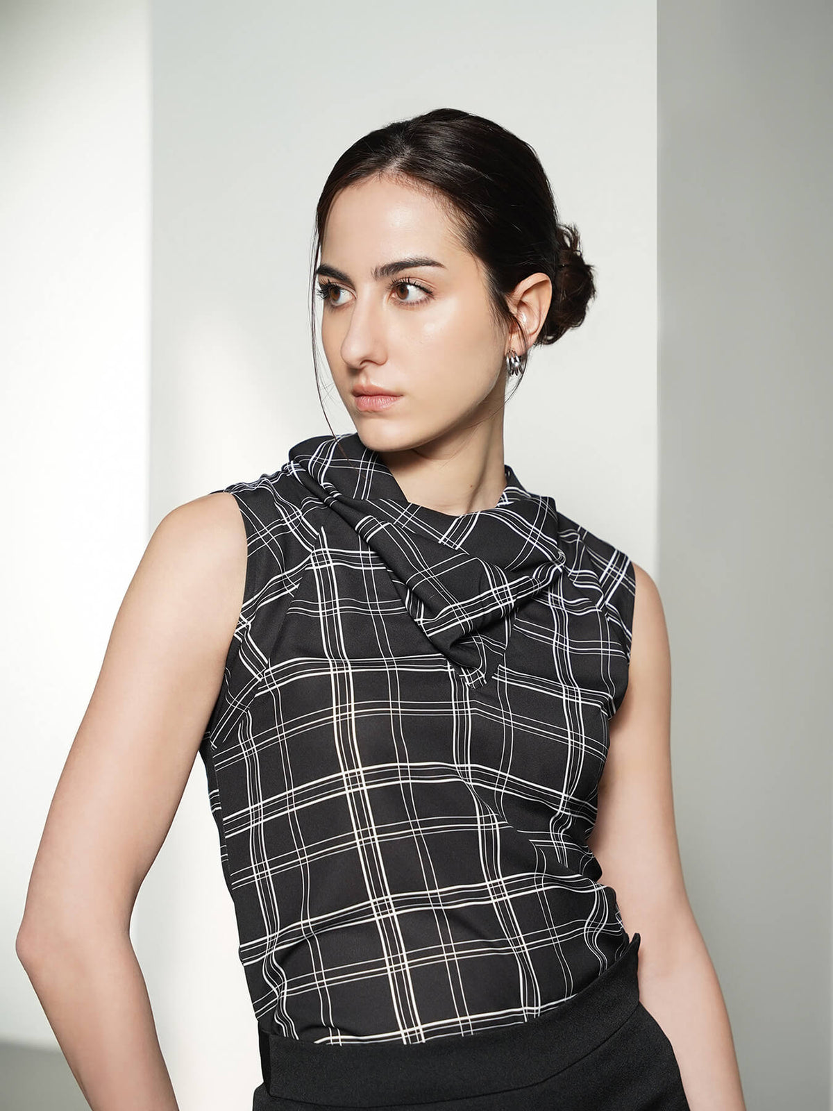 Plaid Cowl Neck Top - Black