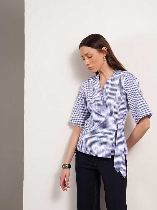 Cotton Checkered Wrap Top - Blue
