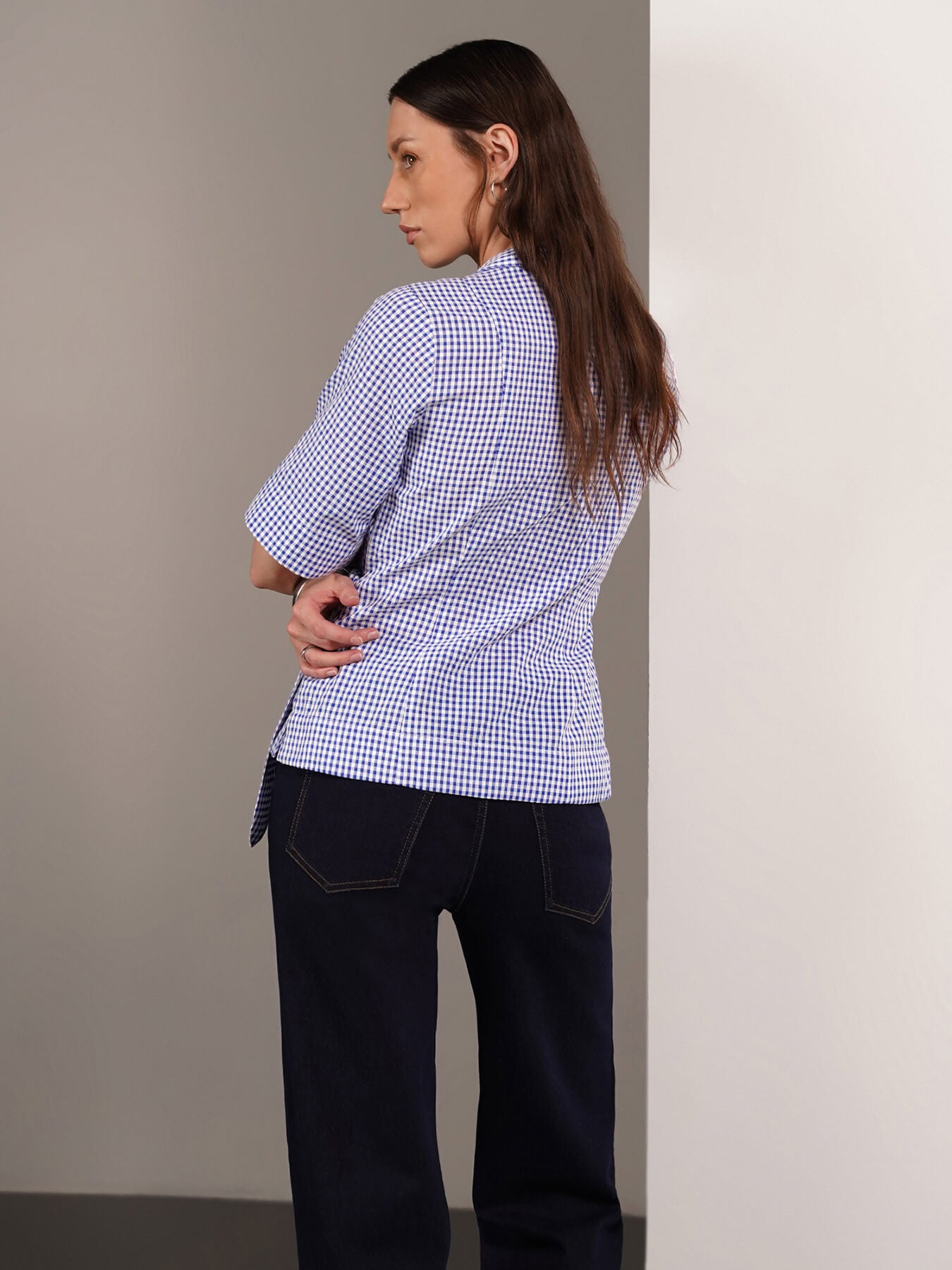 Cotton Checkered Wrap Top - Blue