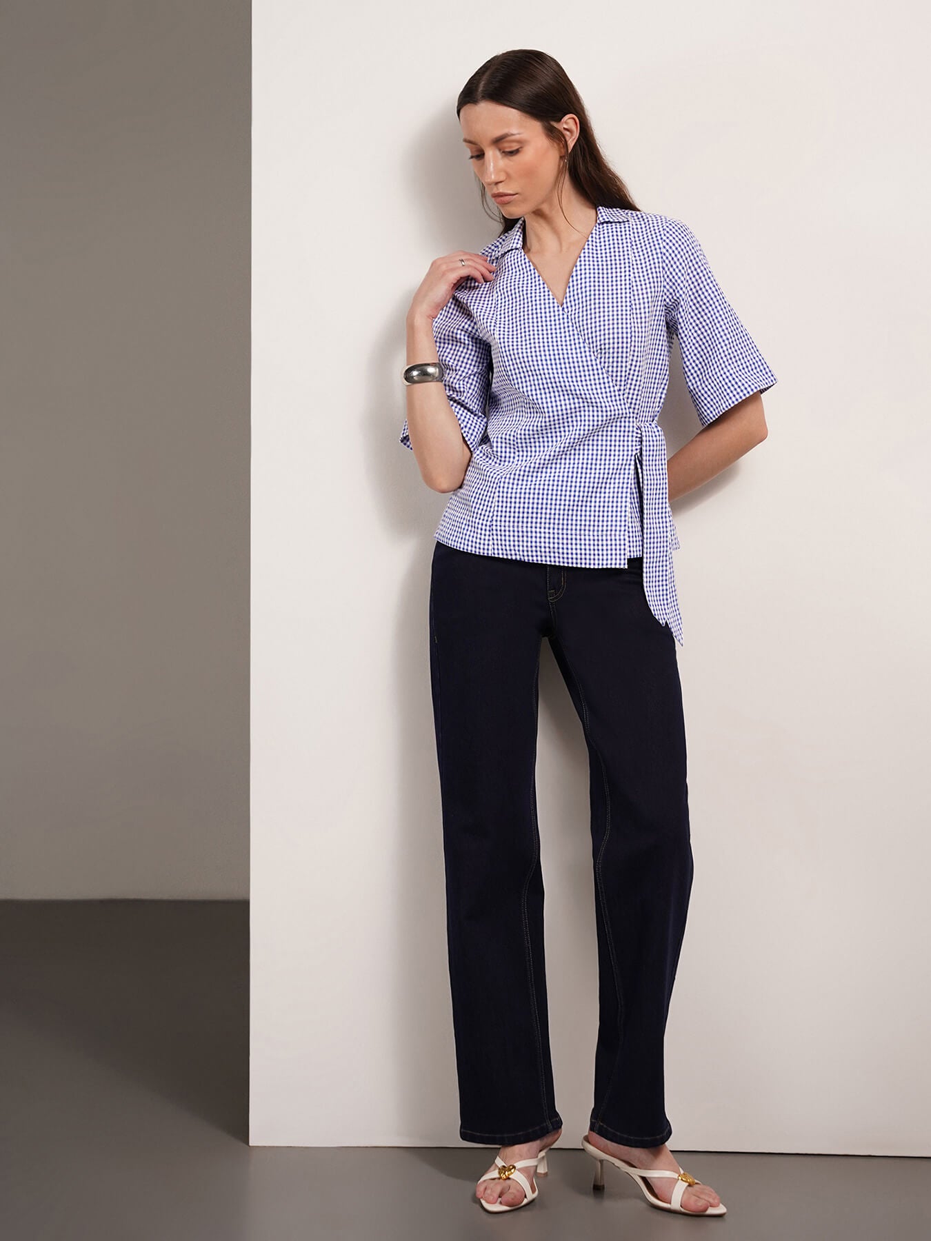 Cotton Checkered Wrap Top - Blue