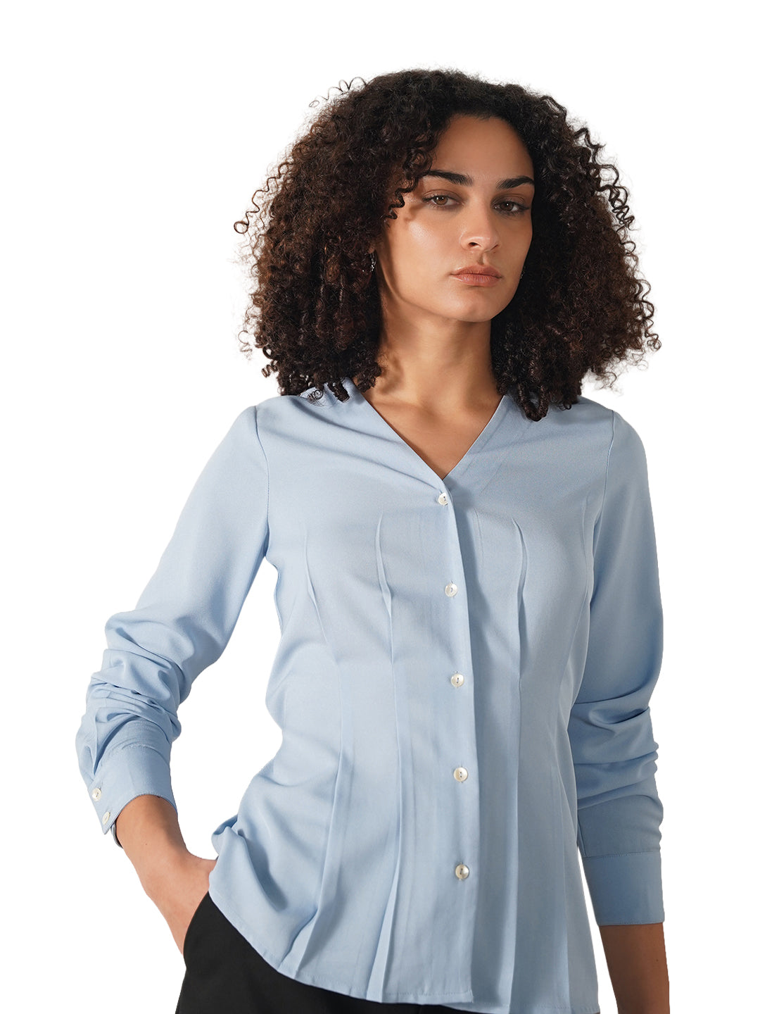 V-Neck Pleated Top - Blue