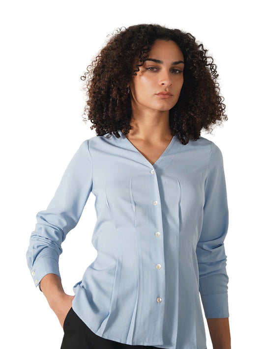 V-Neck Pleated Top - Blue