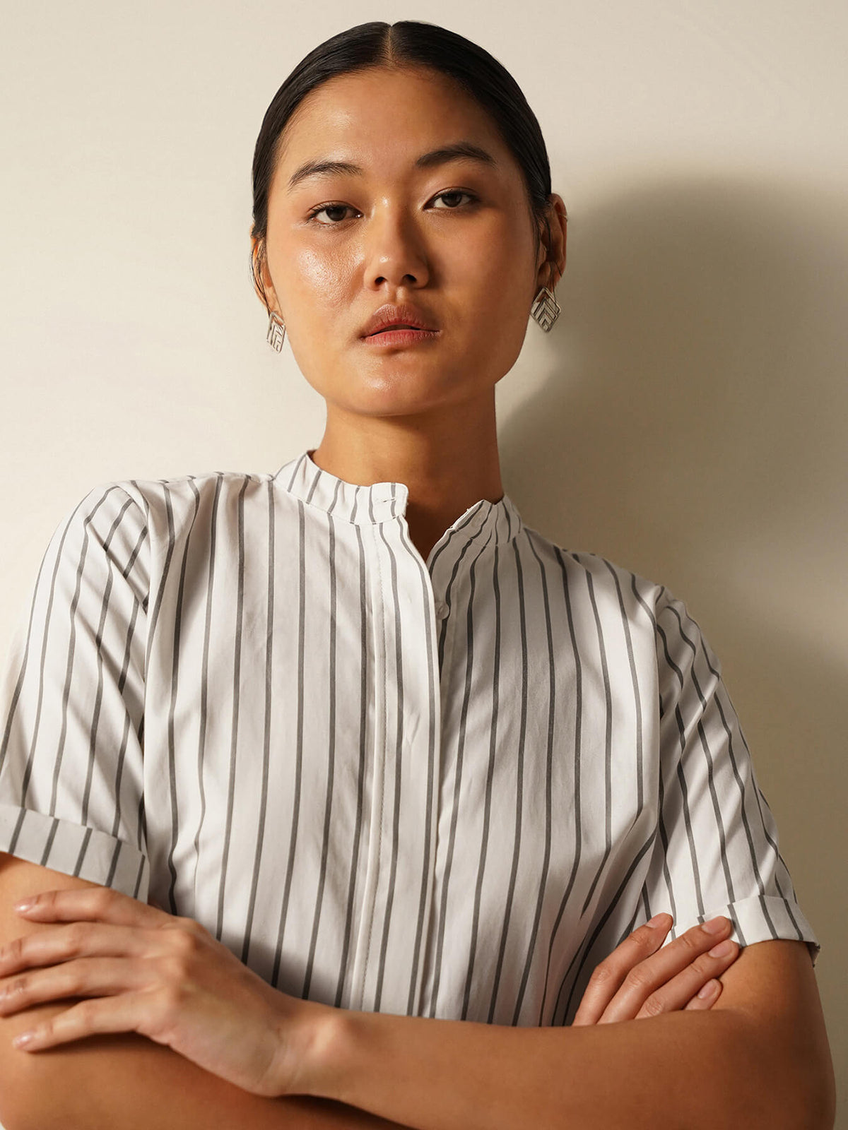 Striped Mandarin Collar Shirt - White