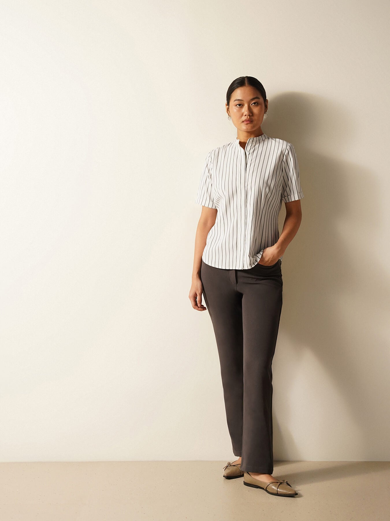 Striped Mandarin Collar Shirt - White