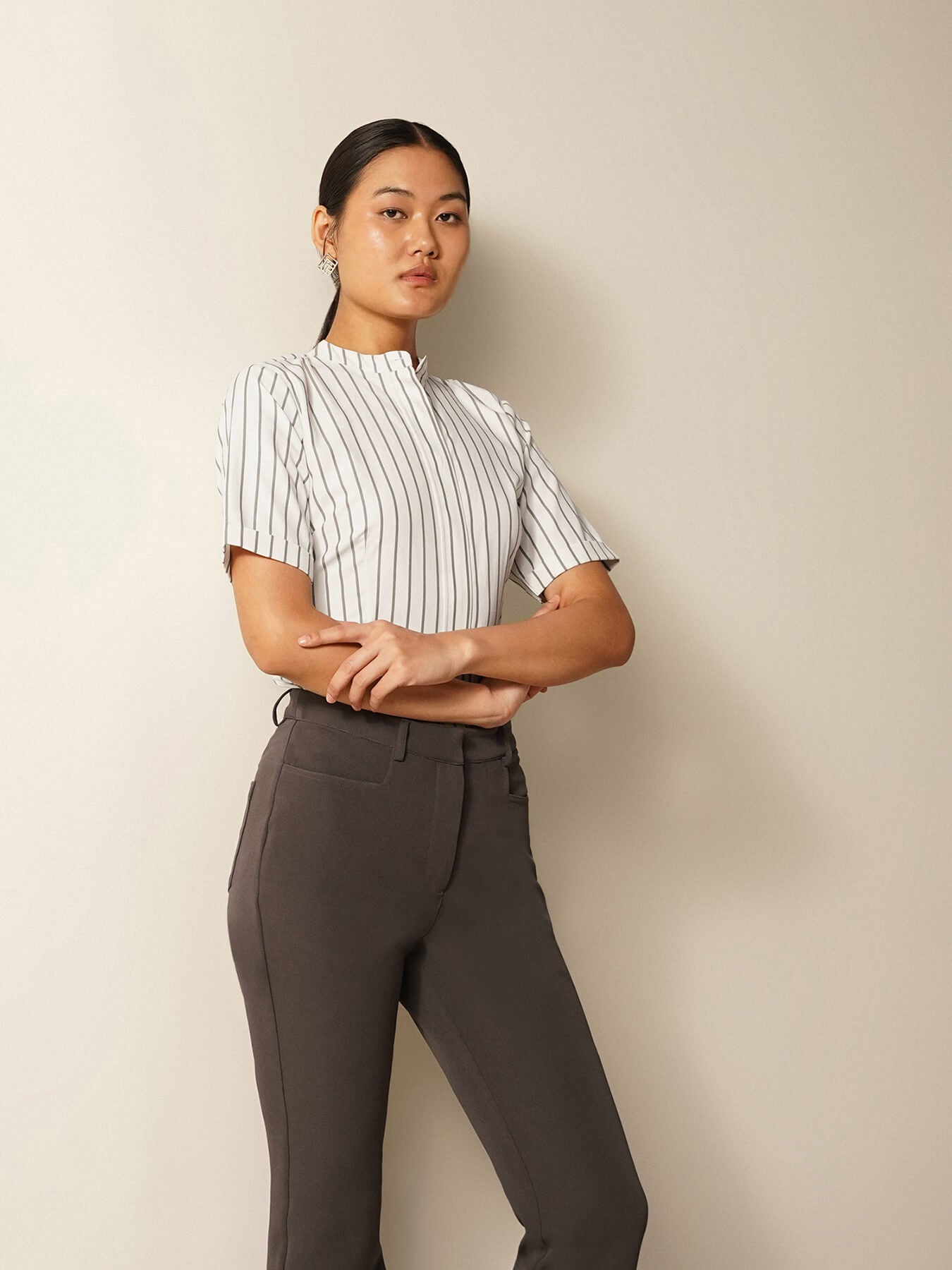 Striped Mandarin Collar Shirt - White