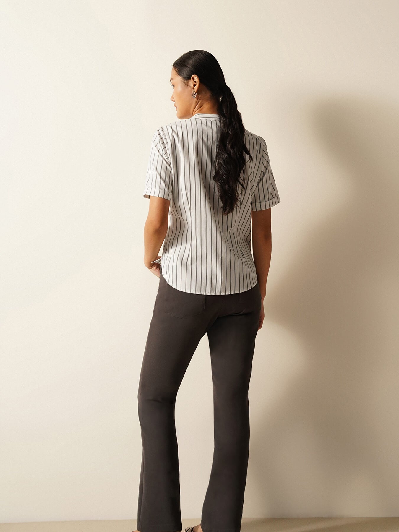 Striped Mandarin Collar Shirt - White