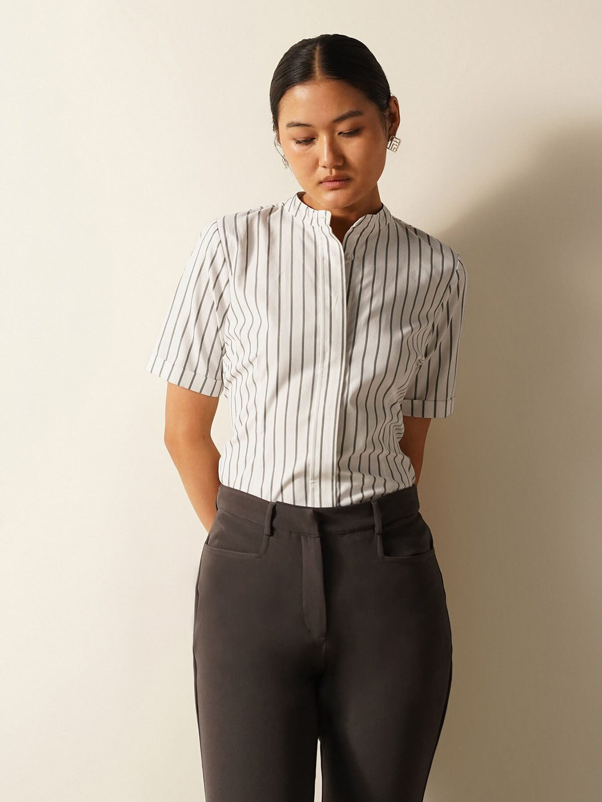 Striped Mandarin Collar Shirt - White