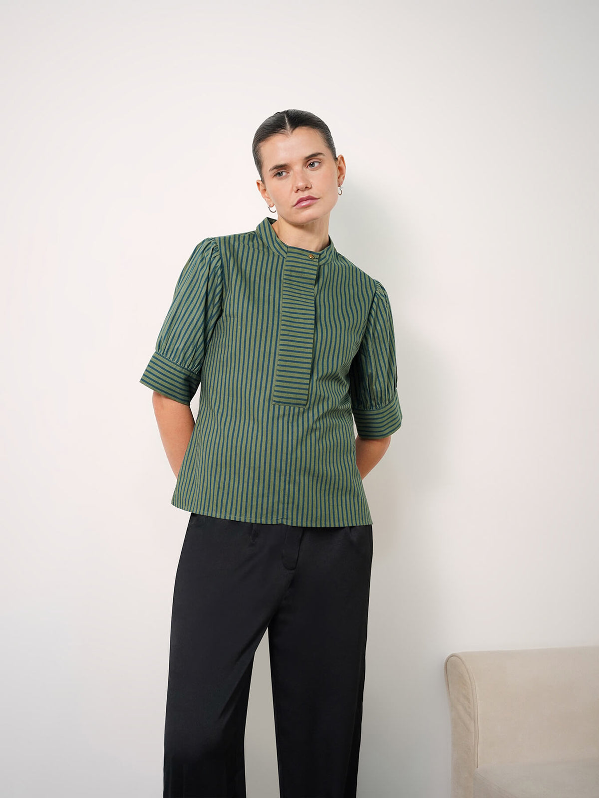 Cotton Striped Top - Olive