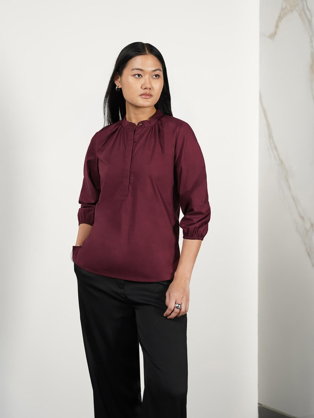 Cotton Mandarin Collar Top - Plum