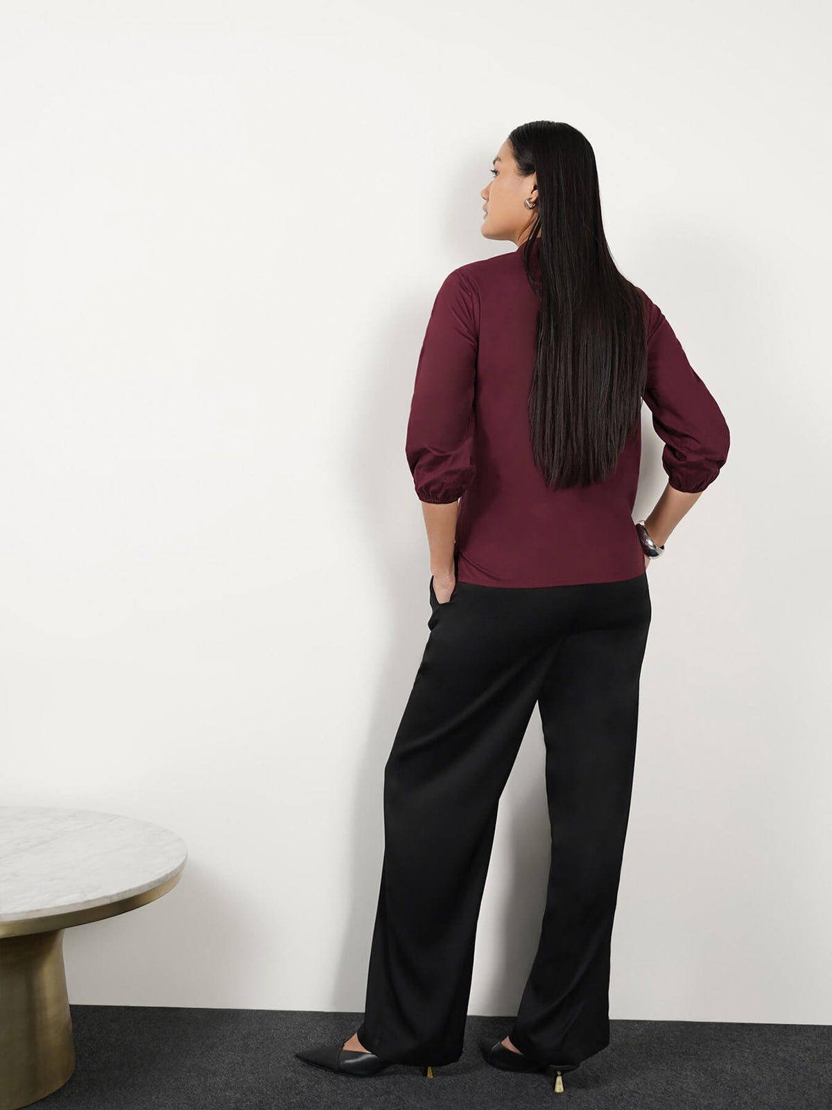 Cotton Mandarin Collar Top - Plum