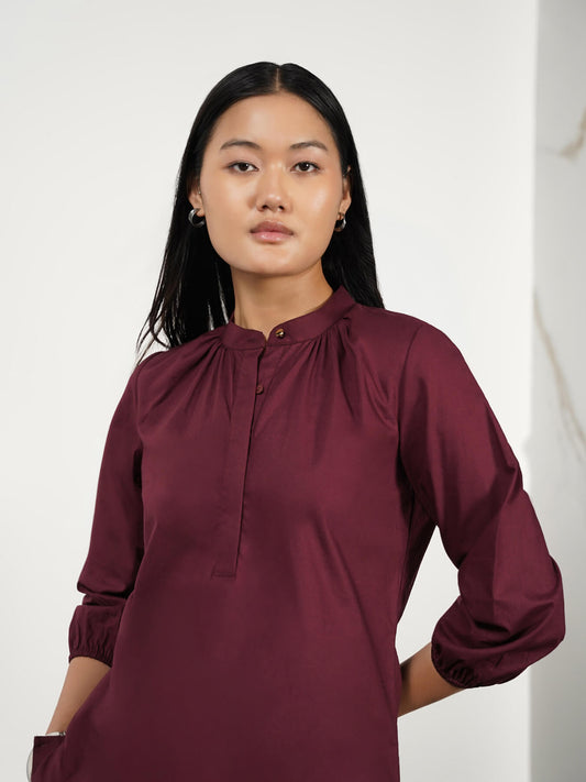 Cotton Mandarin Collar Top - Plum
