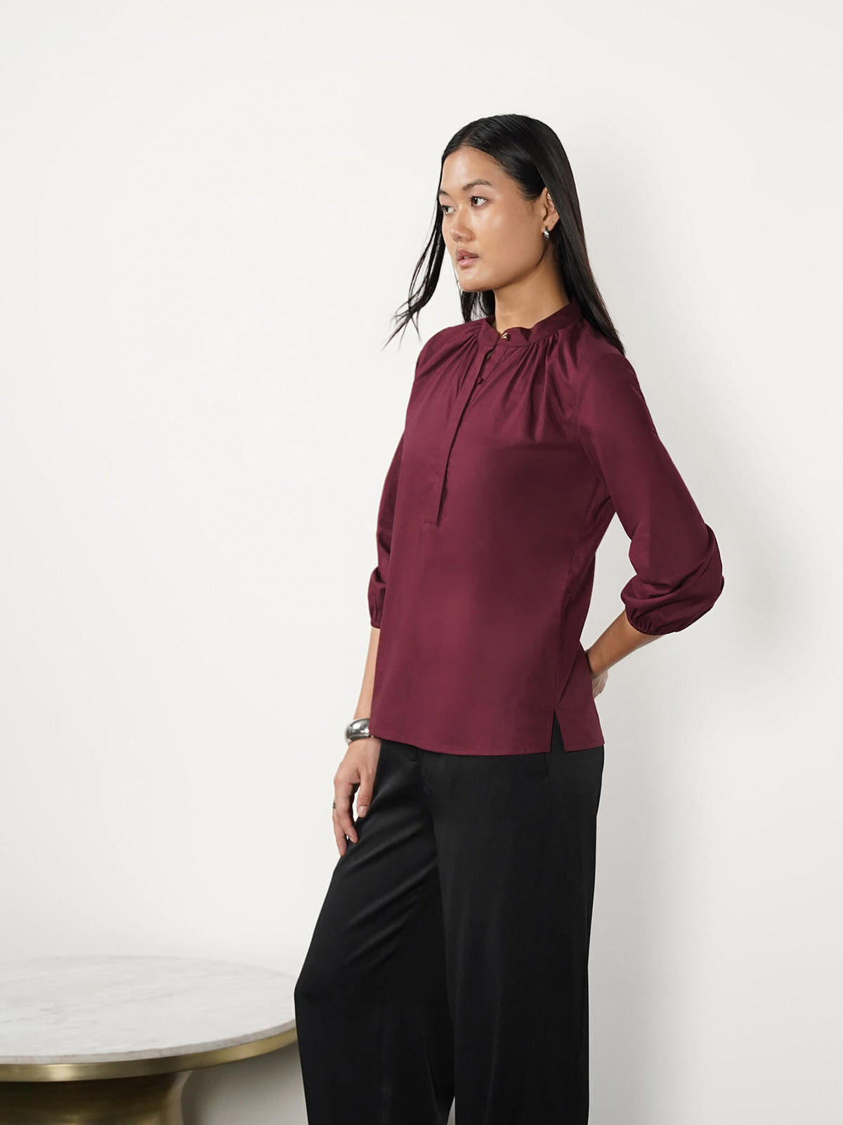 Cotton Mandarin Collar Top - Plum