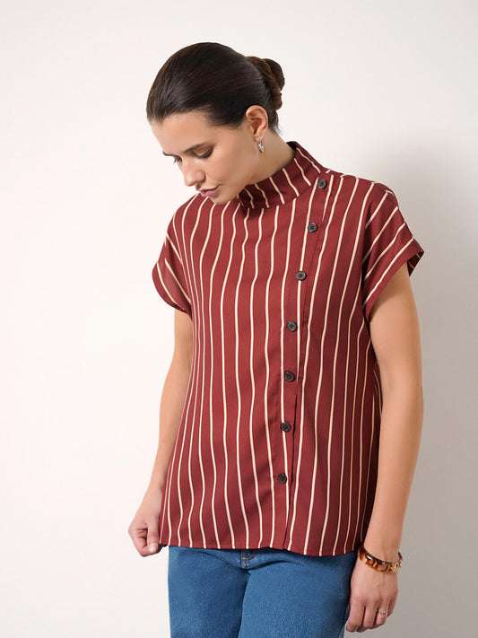 High Neck Striped Top - Maroon