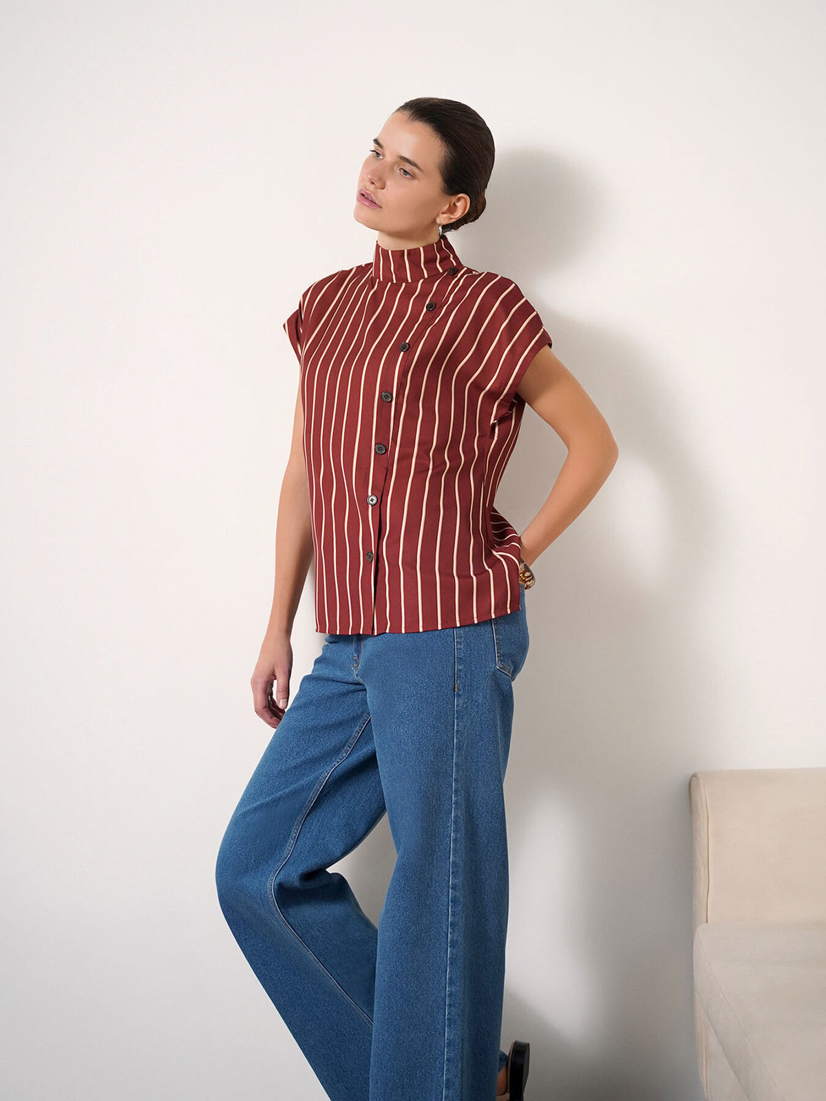 High Neck Striped Top - Maroon