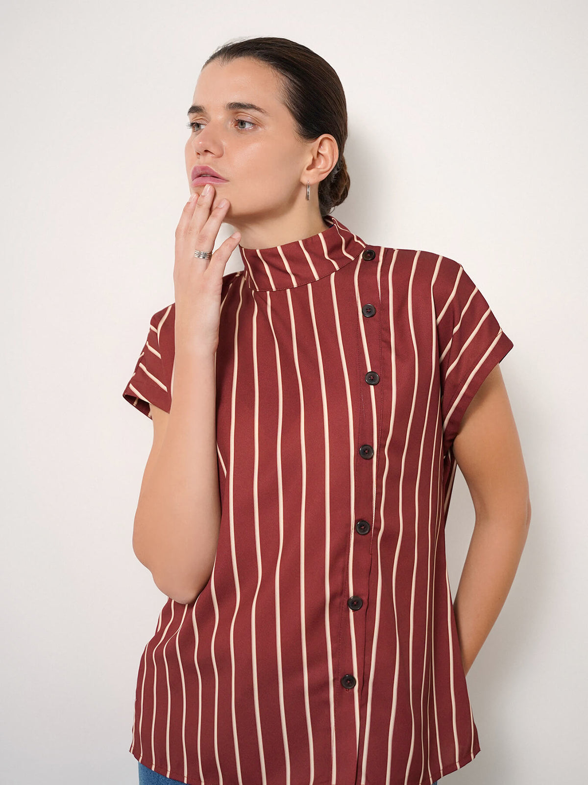 High Neck Striped Top - Maroon