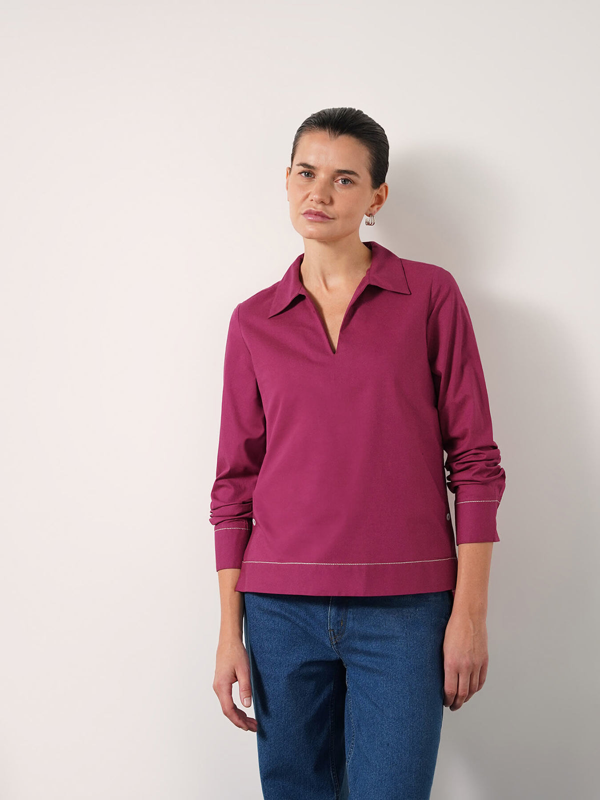 Pure Cotton Shirt Collar Top - Fuchsia