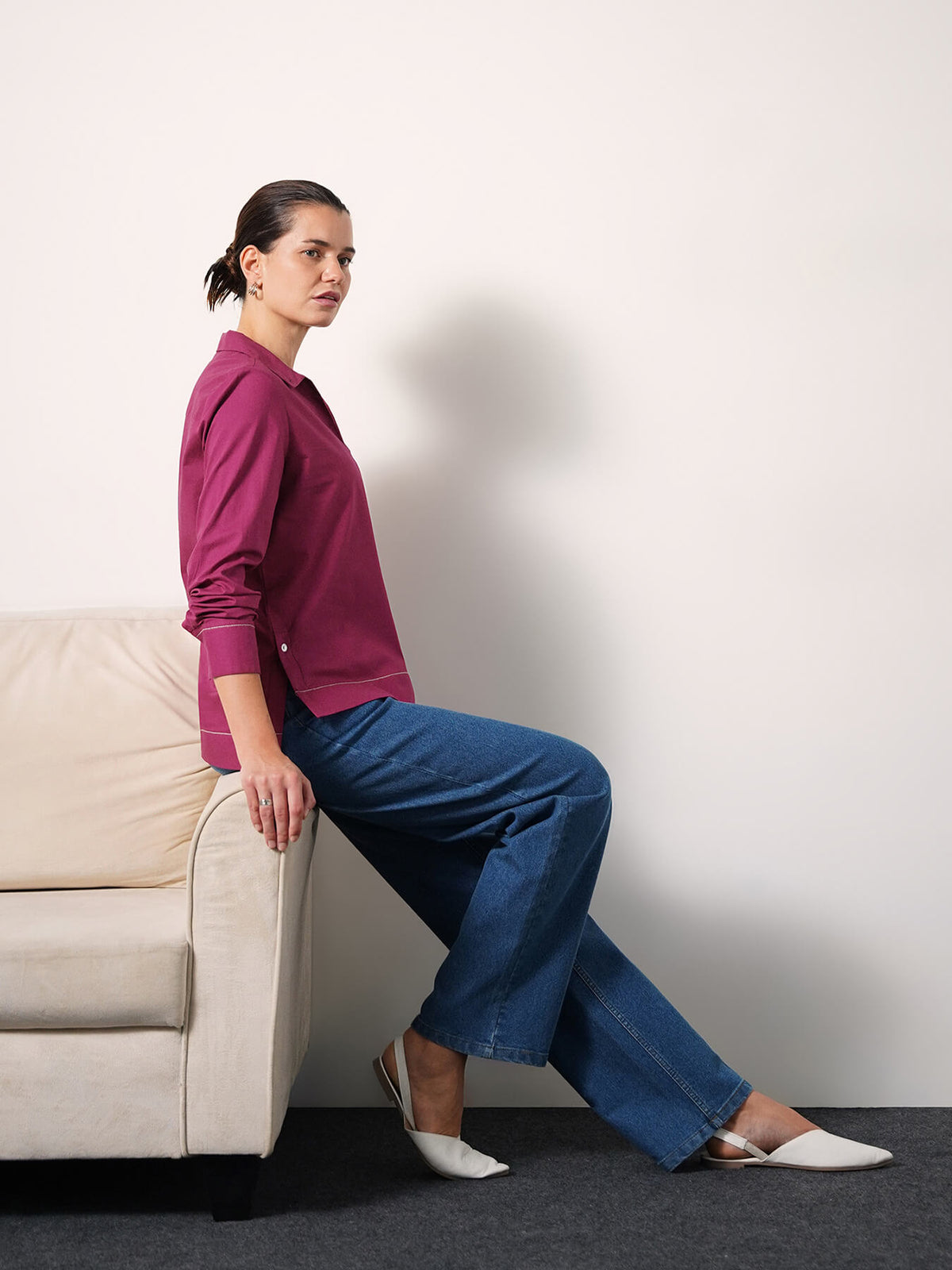 Pure Cotton Shirt Collar Top - Fuchsia
