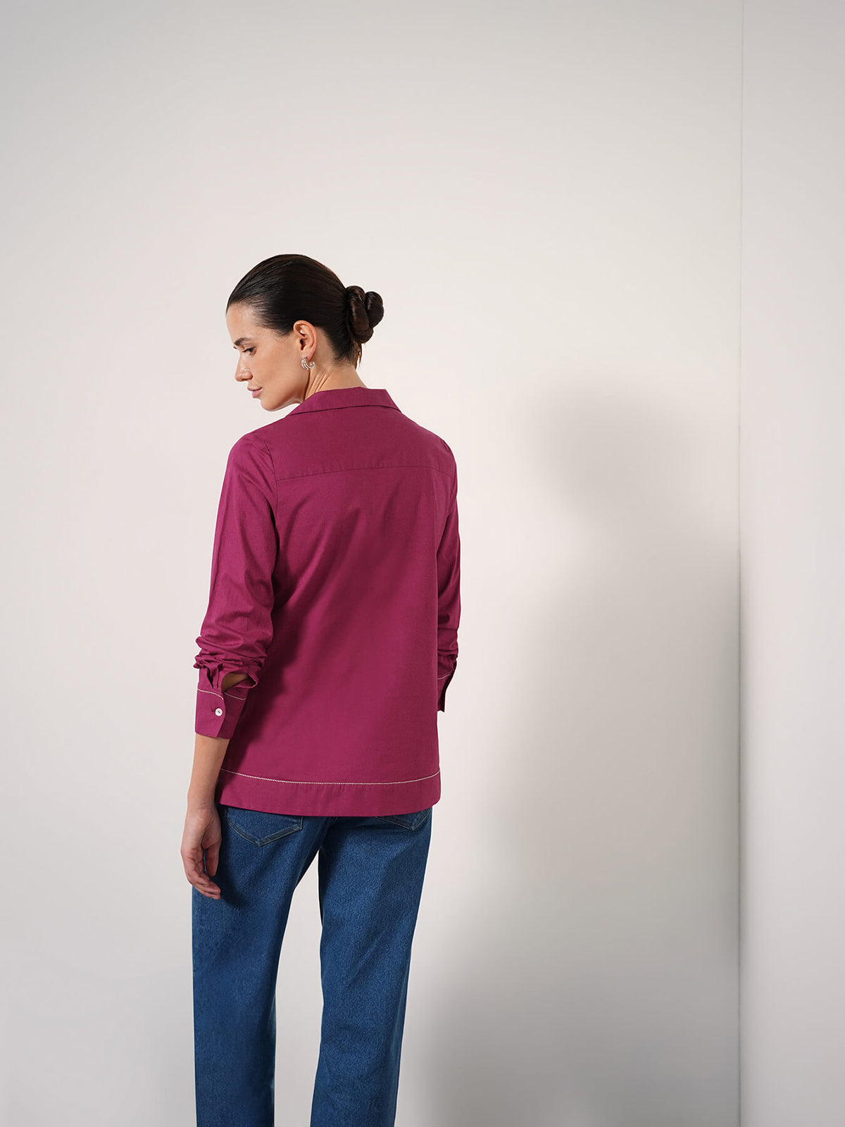 Pure Cotton Shirt Collar Top - Fuchsia
