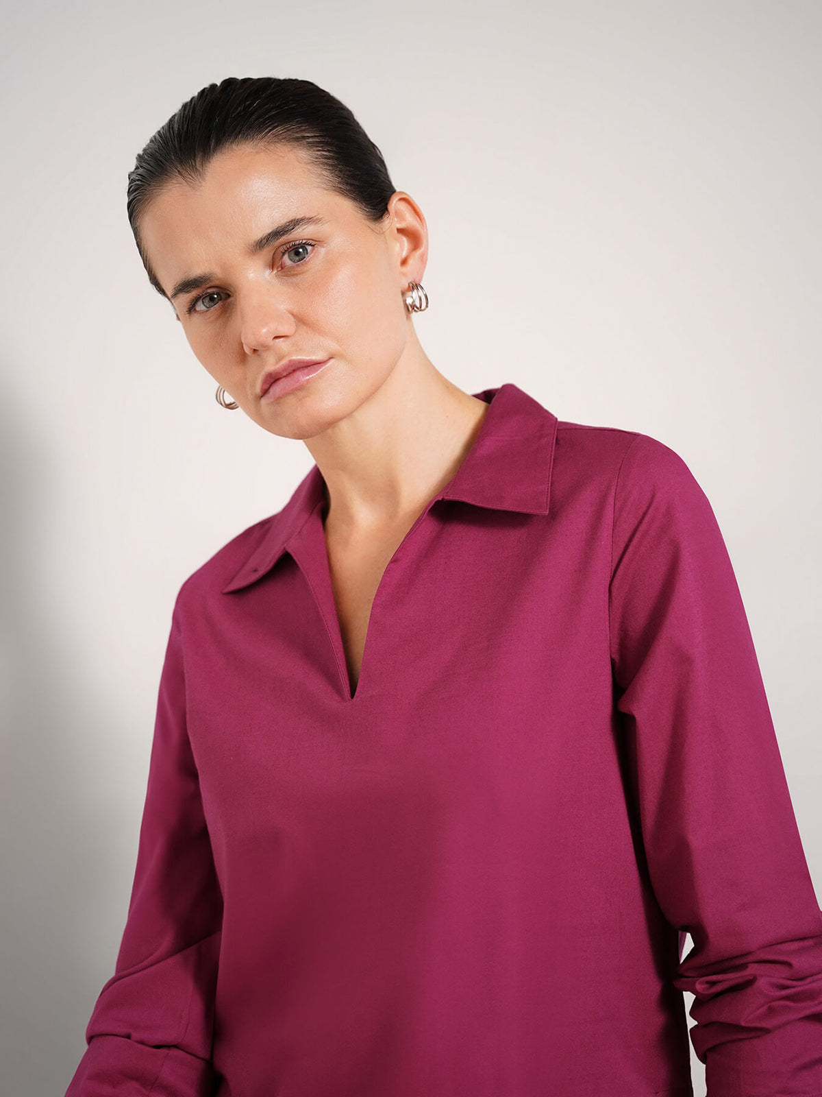 Pure Cotton Shirt Collar Top - Fuchsia
