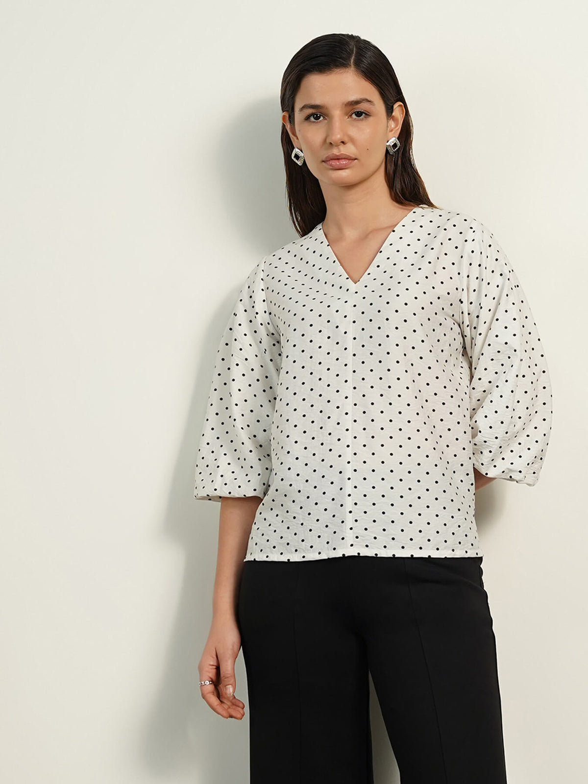 Polka V-Neck Top - White