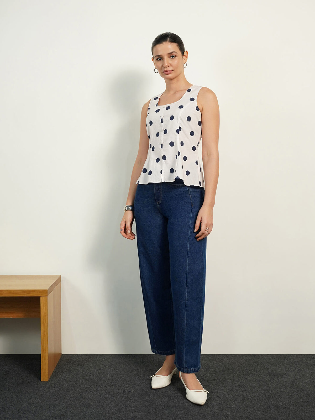 Pure Cotton Polka Top - White
