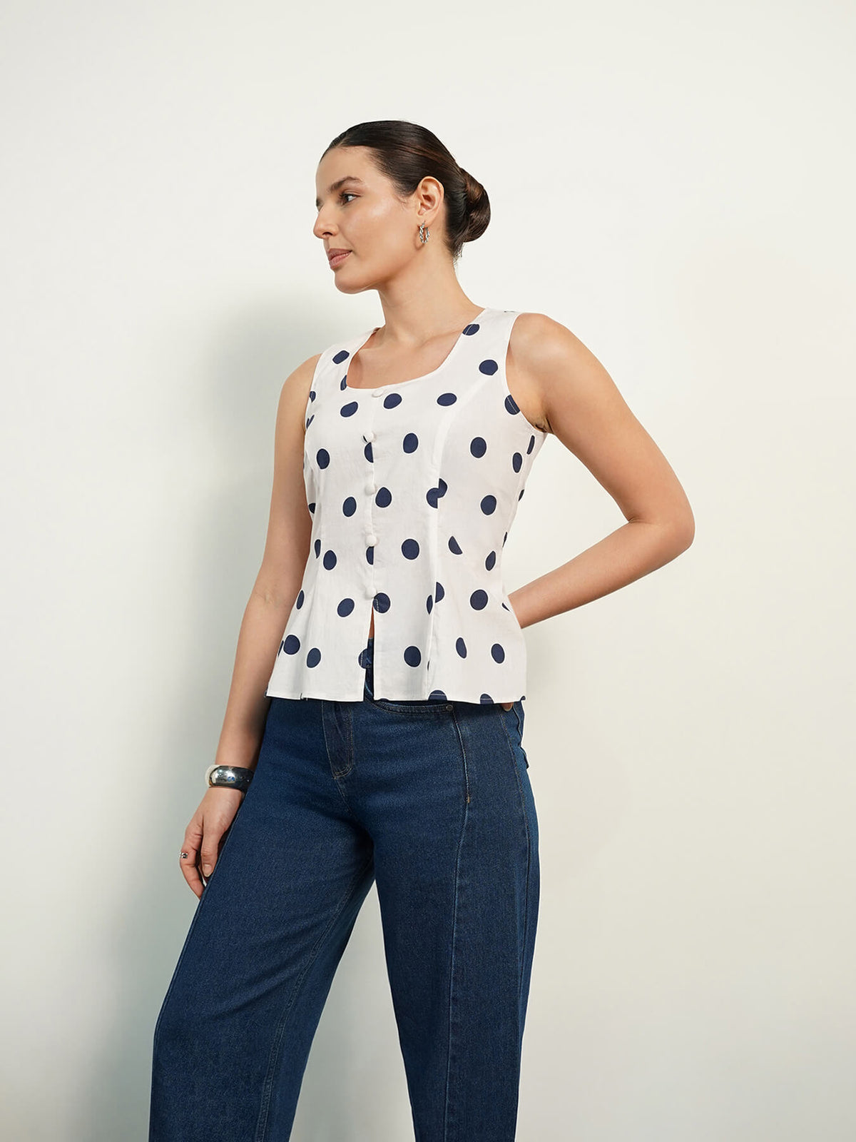 Pure Cotton Polka Top - White