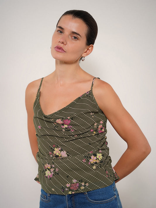 Floral Spaghetti Top - Olive