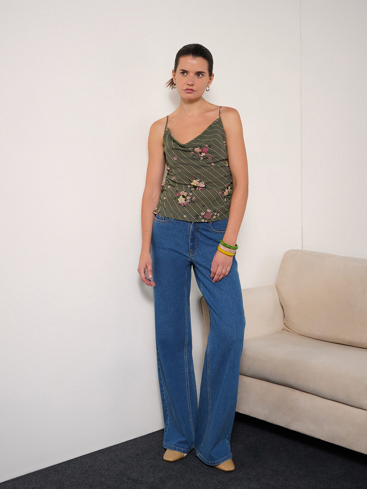 Floral Spaghetti Top - Olive