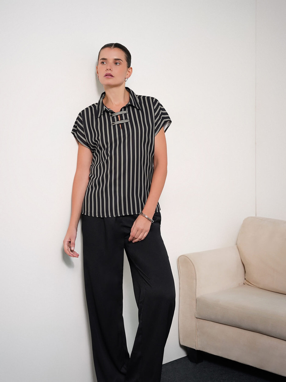 V-Neck Striped Top - Black