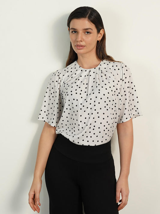 Polka Print Top - Off White