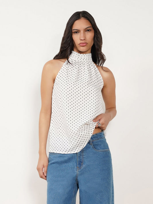 Halter Neck Polka Top - White