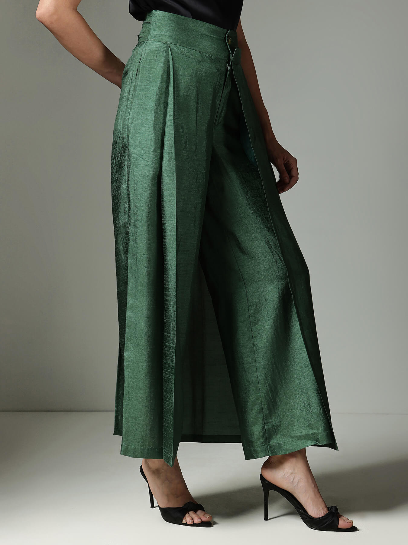 Silk Wide-Leg Trousers - Green