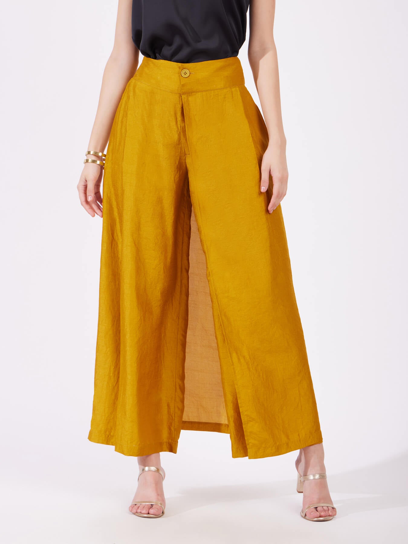 Silk Wide Leg Trousers - Mustard