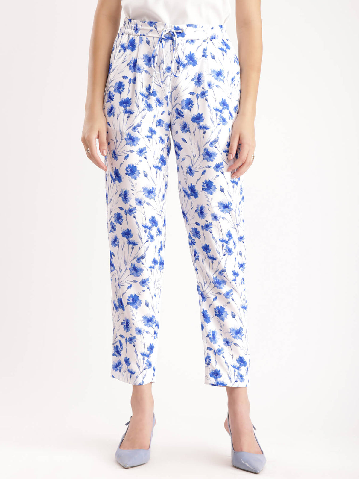 Floral Straight Pants - Blue And White