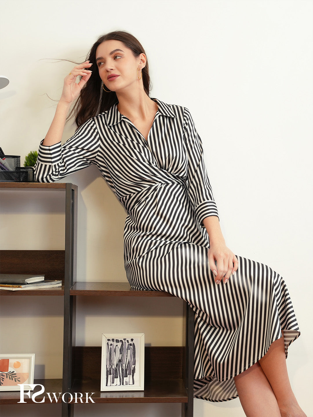 Stretchable Satin Striped Dress - Black