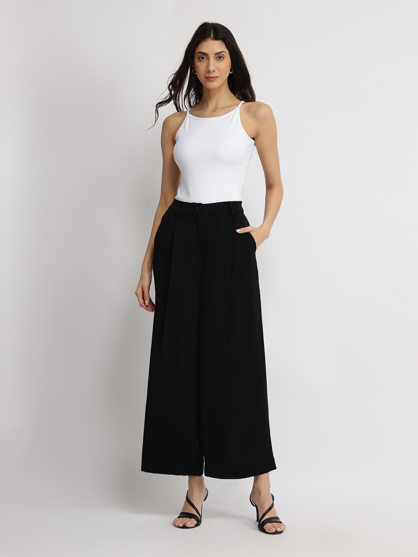 Single Pleat Wide Leg Trousers - Black