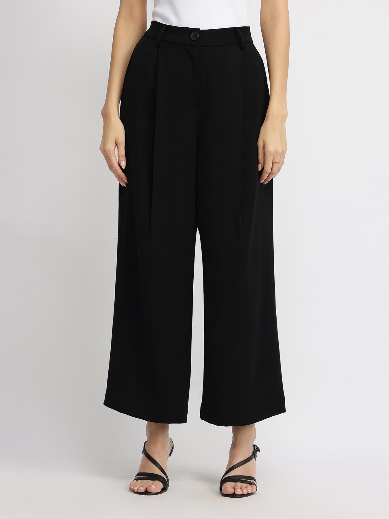 Single Pleat Wide Leg Trousers - Black