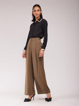 Single Pleat Wide Leg Trousers - Brown