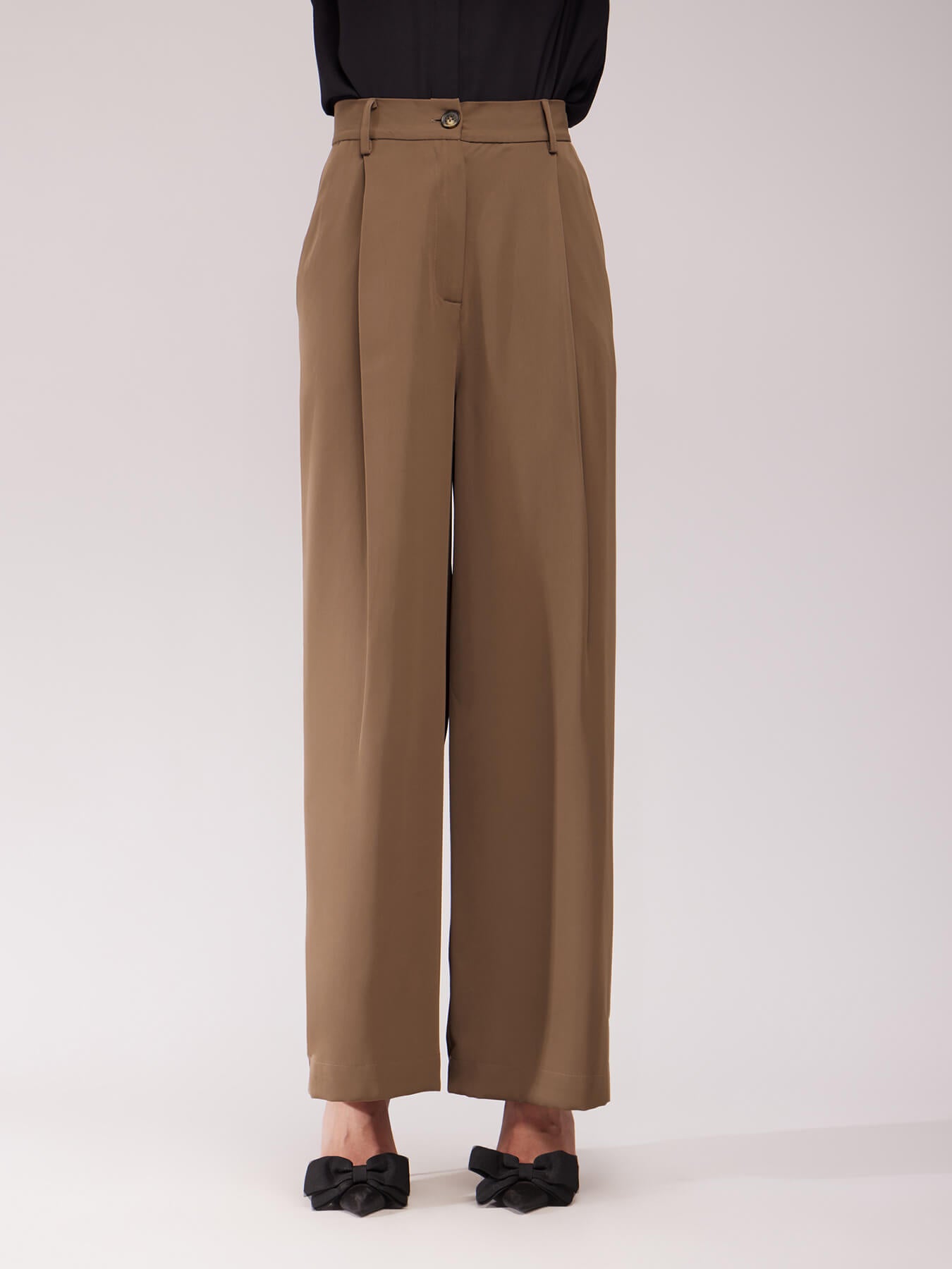 Single Pleat Wide Leg Trousers - Brown