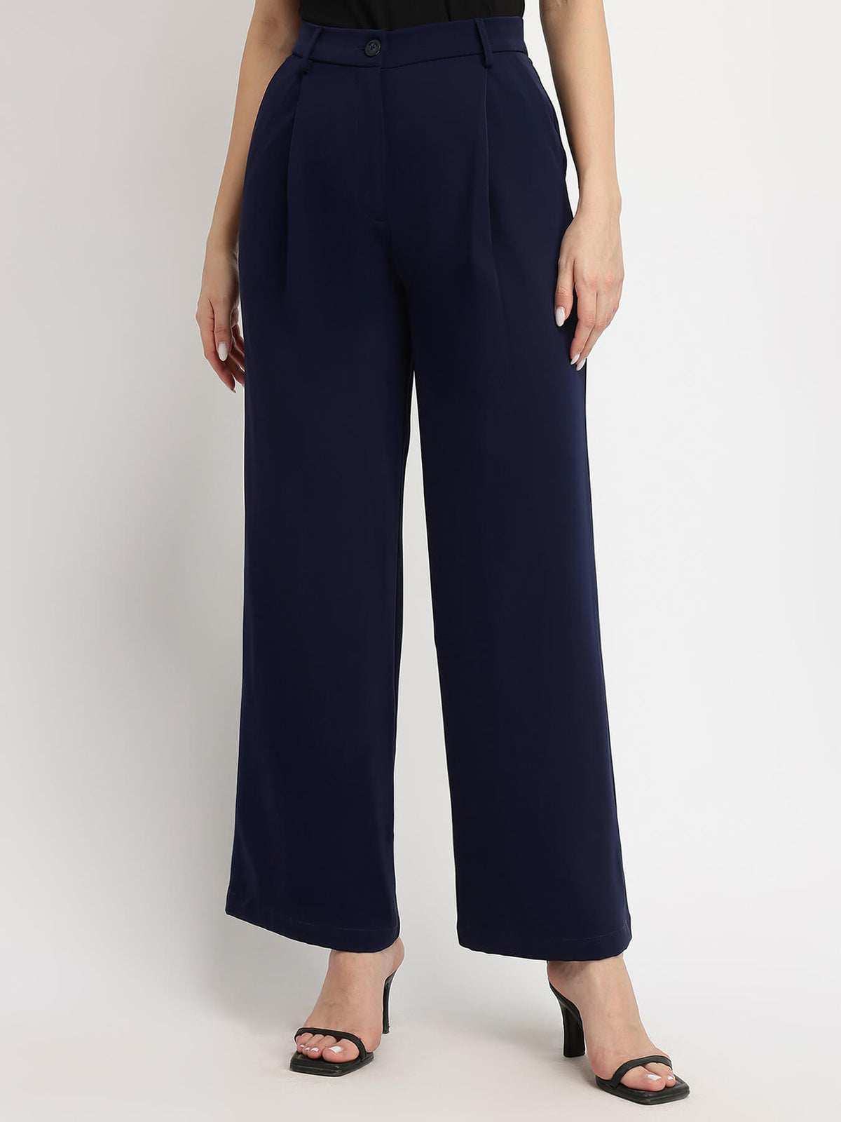 Single Pleat Wide Leg Trousers - Navy Blue