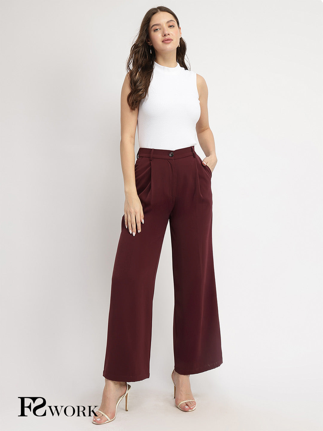 Single Pleat Wide Leg Trousers - Wine