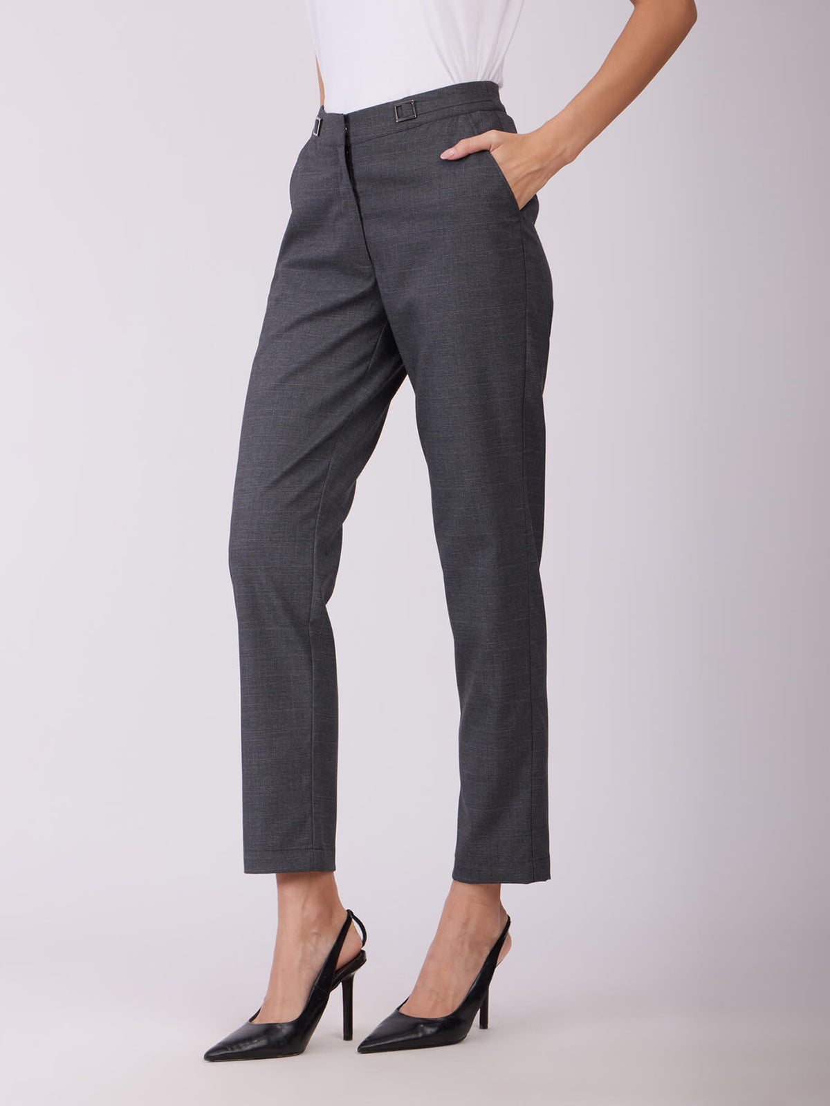 Metal Buckle Straight Fit Trousers - Grey